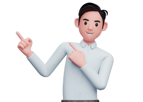 Businessman in blue shirt Pointing to the top side with both hands, 3D illustration of smart boy pointing illustration png