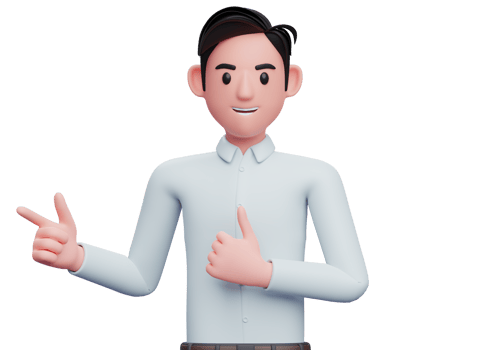 Businessman in blue shirt pointing and thumbs up, close up 3D illustration of businessman in blue shirt pointing and thumbs up png