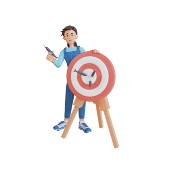 young woman holding a dart with target board 3D character illustration png