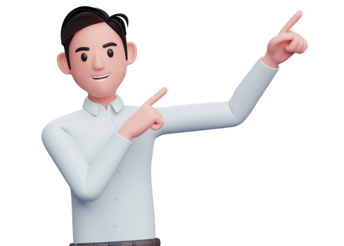 businessman in blue shirt raising both hands pointing to the top right corner, 3d illustration of a businessman in a blue shirt pointing png