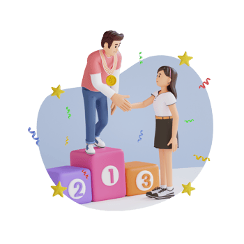 young boy standing on podium while shake hand with young girl 3D character illustration png