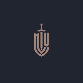 MV logo monogram with sword and shield style design template vector