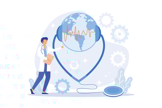Nature examination idea, planet health day. Ecologist with stethoscope. Eco research. Earth protection, planet treatment, ecology rescue. vector