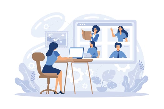 Young woman having videoconference with colleagues. Corporate video call, distant discussion. Friends talking online. Concept of teamwork during quarantine. flat vector illustration