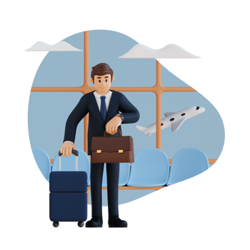 businessman standing at airport with suitcase and briefcase 3d character illustration png