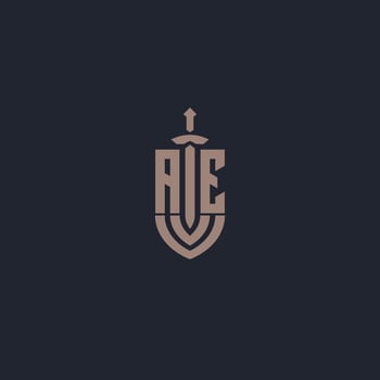 AE logo monogram with sword and shield style design template vector