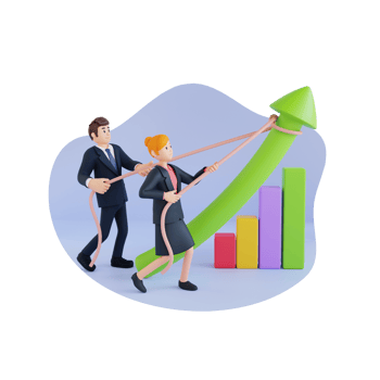 business man and businesswoman help company statistics chart 3d character illustration png
