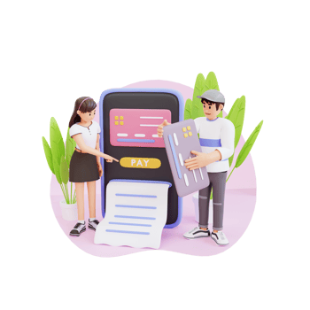 young girl and boy making payment using credit cards 3d character illustration png