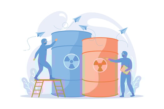 Radioactive barrels. People in protective suits with biological weapon. Chemical products. Poisonous substance, toxic casks, nuclear danger. vector