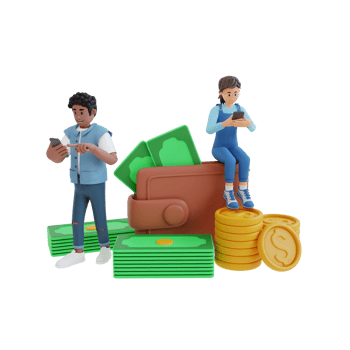 teenager sitting on a pile of money and using cell phone 3d character illustration png