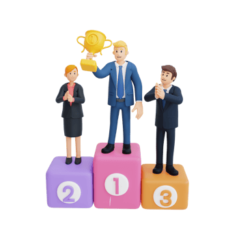 businessperson stand on podium hold winner cup 3d character illustration png
