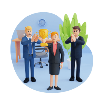 businesswoman holding a trophy and getting appreciation from her colleague 3d character illustration png