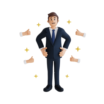 male businessman standing with hands on hips 3d character illustration png