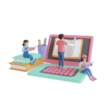 teenagers reading a book while sitting on a pile of books with big laptop 3d character illustration png