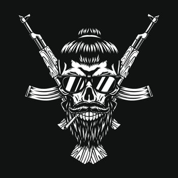 Men skull with beard, gun and cigarette vector