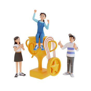 teenagers cheering and sitting on big golden cup 3d character illustration png