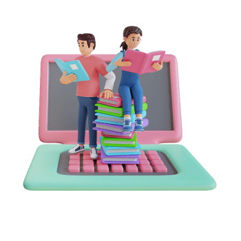 young man and girl reading a book while sitting on a pile of books 3d character illustration png