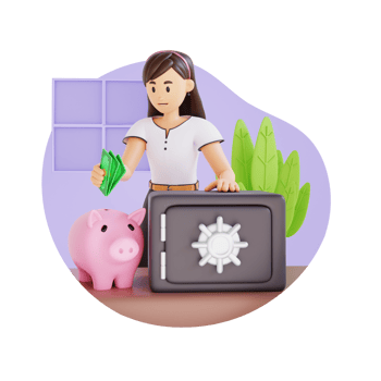 young girl savings money in safe and piggy bank 3d character illustration png