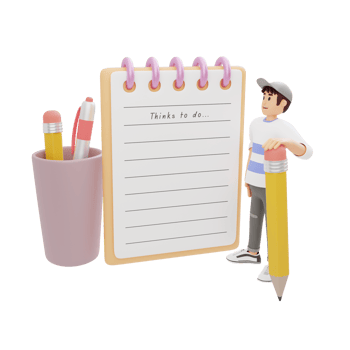 man standing looking at big notebook in front of him 3d character illustration png