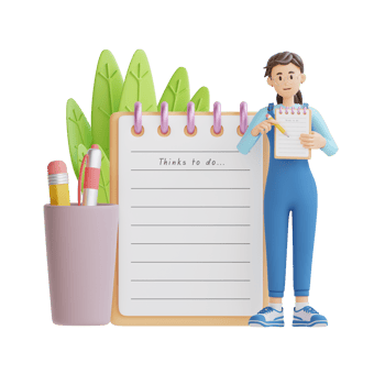 young girl wearing glasses holding notebook and standing near big clipboard 3d character illustration png