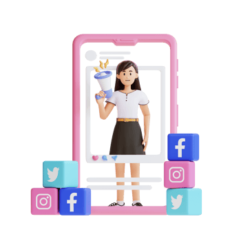 young girl doing digital marketing on social media app 3d character illustration png