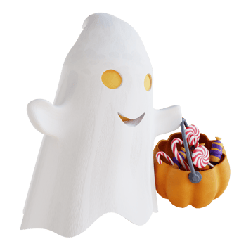 3d illustration cute ghost and pumpkin filled with candy png