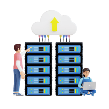 young man standing pointing to server with cloud above, young girl sitting beside server using laptop 3d character illustration png