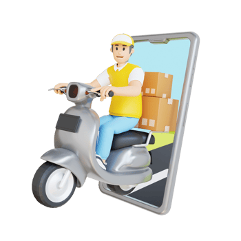 man courier delivers the order box by riding a motorbike 3d character illustration png