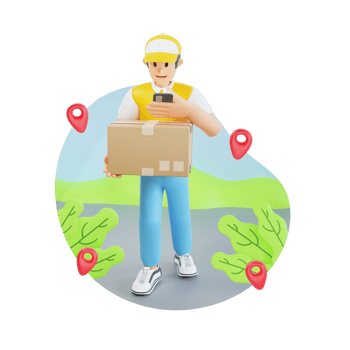man courier bring order box while looking phone screen 3d character illustration png