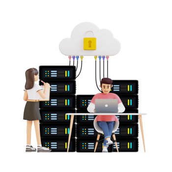 young man and girl working together in a server room 3d character illustration png