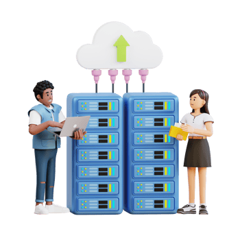 young man and girl with laptop in network server room 3d character illustration png