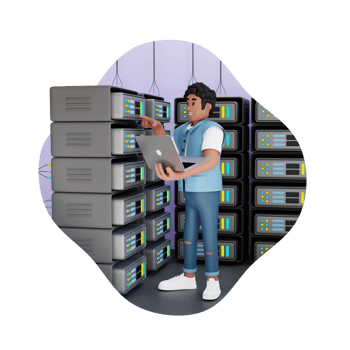 young man standing next to the server 3d character illustration png