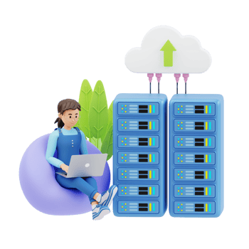 young woman in glasses sitting on sofa using laptop with big server beside her 3d character illustration png