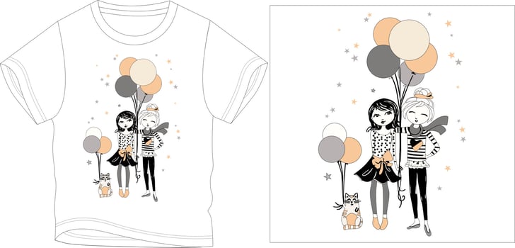 Two girls with cat and balloon Graphic design vector illustration