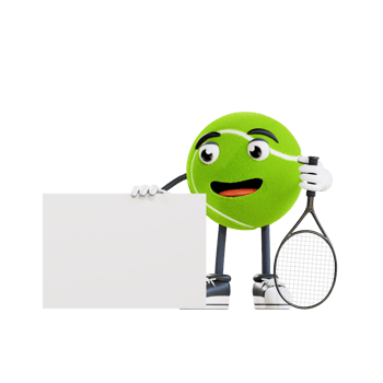 tennis ball mascot holding blank white banner 3d character illustration png