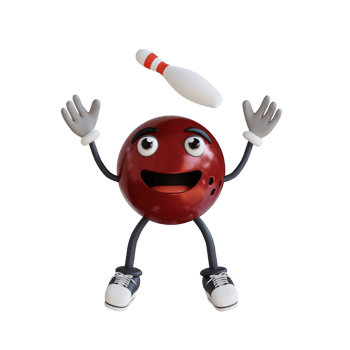 bowling ball mascot jumping with bowling pin on top 3d character illustration png