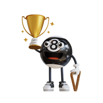 black billiard ball mascot holding golden trophy 3d character illustration png