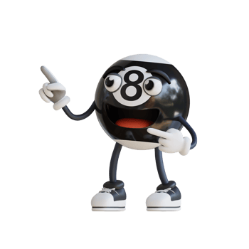black billiard ball mascot pointing top left 3d character illustration png