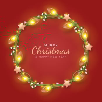 Merry Christmas background with realistic decoration round from string light, stars and christmas candy. Merry Christmas Greeting cards. vector illustration