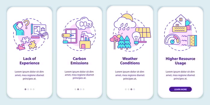 Disadvantages of zero-energy building onboarding mobile app screen. Walkthrough 4 steps graphic instructions pages with linear concepts. UI, UX, GUI template. vector