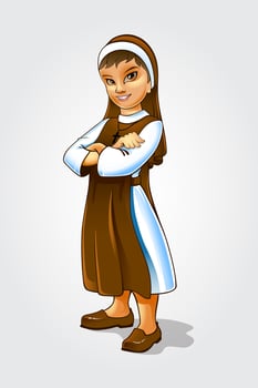 Nun cartoon character. Smiling catholic sister. Vector illustration on white background.