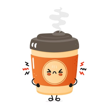Cute angry cup of coffee character. Vector hand drawn cartoon kawaii character illustration icon. Isolated on white background. Sad cup of coffee character concept