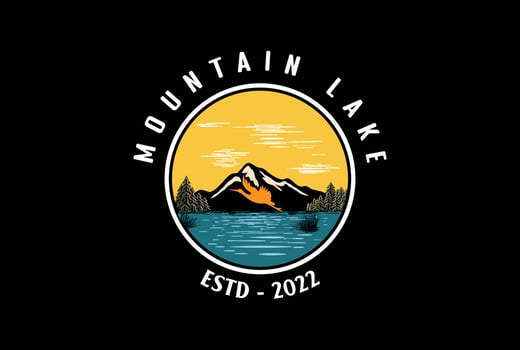 Sunset Mountain Pine Evergreen Conifer Fir Trees Forest with Lake River Creek and Flying Stork Heron Flamingo Logo Design vector