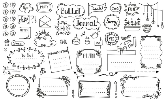 Doodle bullet journal, diary notebook frames vector