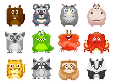 Cartoon kawaii square animal faces isolated set vector