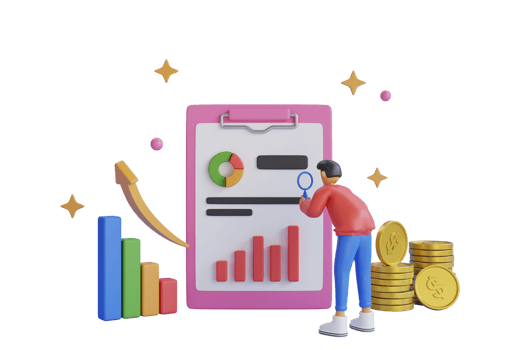 3d business strategy concept. charts and graph with businessman character, analysis business financial data. charts and graph, analysis business financial data, dollar coins, magnifying glass, png