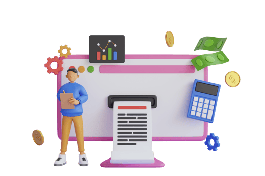 3D Investment report. 3D profit from investment. calculate profit from investment results.bill, coins stack, and calculator on purple background png