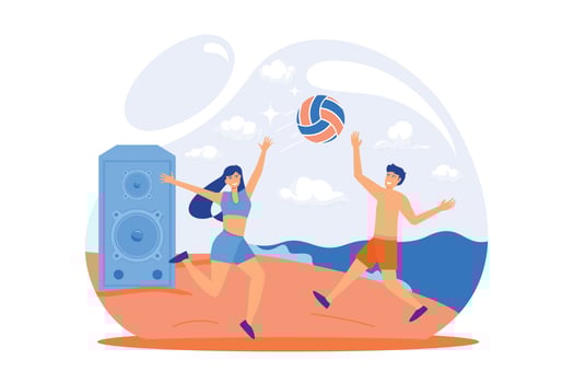 Beach party. Summer vacation activities. Young people playing volleyball on sandy coast and listening to music. Sport, tropical, summertime. Ball game. vector