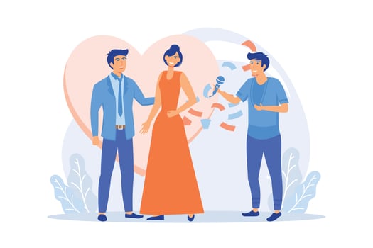 Wedding ceremony. Bride in beautiful white dress and groom cartoon characters. First dance of the newlyweds. Marriage, engagement, celebration. vector