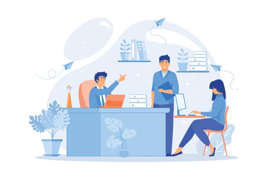 Business people working in modern eco-friendly office with plants and flowers. Biophilic design room, eco-friendly workspace, green office concept.flat vector modern illustration